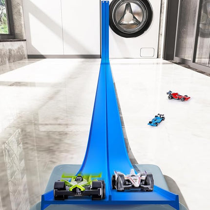 15 Ft Flexible Race Car Track for Kids, Double-Sided Racetrack for 1:64 Diecast Cars Toys, Rolls Up Portable Race Tracks with 4 Car & Suction Cups, Birthday Gifts for Boys Girls Ages 3-5 5-7, Blue
