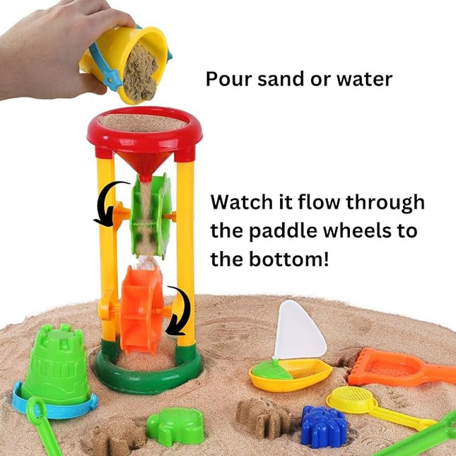 Liberty Imports Double Sand & Water Wheel Tower Beach Toy Set w/Built-in Funnel, Sieve, Bucket, Shovel, Rake, Animal Molds for Kids, Toddlers Play