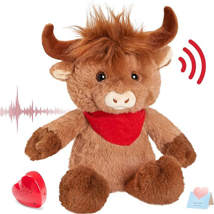 12.5" Heartbeat Highland Cow Recordable Stuffed Animals Voice Sweet Messages Recorder Soft Plush Toy Playback Your Words Birthday Gifts for Toddler Kids
