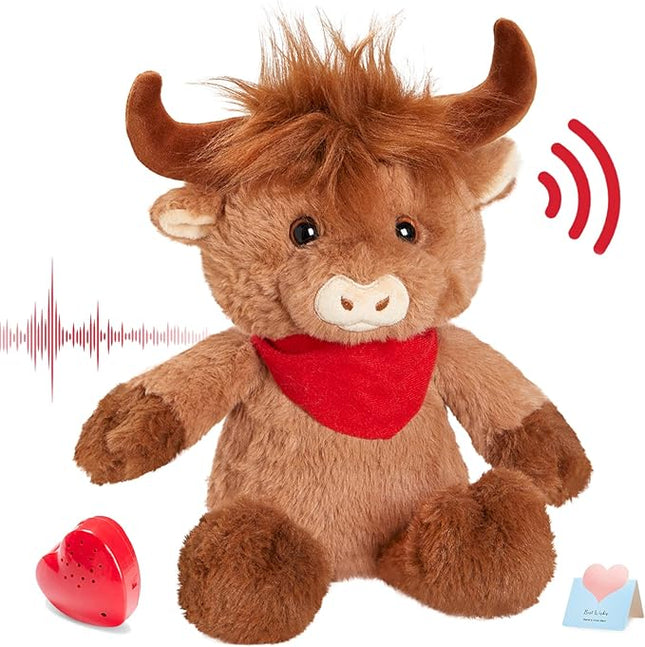 12.5" Heartbeat Highland Cow Recordable Stuffed Animals Voice Sweet Messages Recorder Soft Plush Toy Playback Your Words Birthday Gifts for Toddler Kids