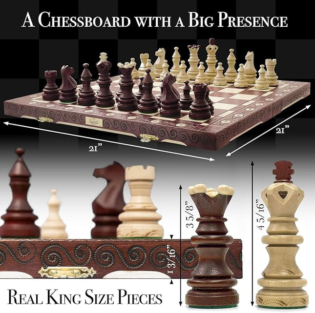 Wegiel Imperator 21-Inch Luxury Wooden Chess Set for Adults and Kids - Handcrafted from Premium Beech and Birch Wood - Unique Folding Design with Chess Piece Storage, Brown,Imperator - Brown