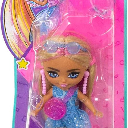 Barbie Extra Mini Minis Doll with Pink-Streaked Blonde Pigtails Wearing Blue Dress & Accessories, Plus Stand, 3.25-inch
