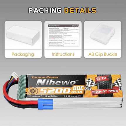 2Packs 3S Lipo Battery, RC Lipo Battery 11.1V 5200mAh 80C EC5 Connector Compatible with Arrma Axial 1/8 1/10 RC Car Truck Truggy Vehicles Tank Boat Airplane Helicopter Models
