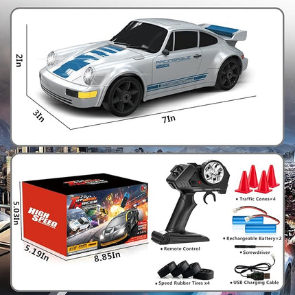 Remote Control Car RC Drift Car 2.4GHz 1:24 4WD 15KM/H High Speed Racing Sport Car with LED Lights Drifting Tire Racing Sport Toy for Adults Boys Girls Kids Gift 2Pcs Rechargeable Batteries