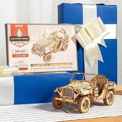ROKR 3D Wooden Puzzle for Adults Mechanical Car Model-DIY Building Vehicle Kits-Brain Teaser Toys-Gift for Men Women on Birthday/Christmas Day (Army Field Car)