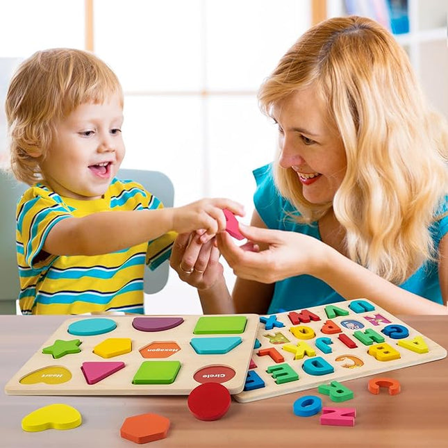 Wooden Puzzles for Toddlers, Alphabet Puzzle and Number Shape Puzzle, 3 in 1 Preschool Educational Learning Toys with Chunky Wood ABC Puzzle Board for 3 4 5 Girls Boys Kindergarten Set of 3