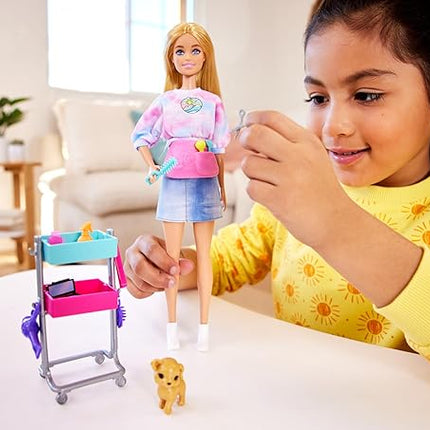 Barbie Stylist Doll & 14 Accessories, Blonde Barbie "Malibu" Fashion Doll On-set with Cart, Smock, Makeup Palette, Pet Puppy & More