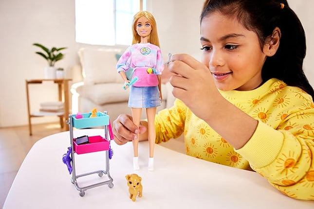 Barbie Stylist Doll & 14 Accessories, Blonde Barbie "Malibu" Fashion Doll On-set with Cart, Smock, Makeup Palette, Pet Puppy & More