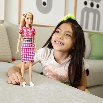 Barbie Fashionistas Doll #169 with Long Blonde Hair, Houndstooth Crop Top & Skirt & Accessories Including Platform Shoes & 2 Barrettes