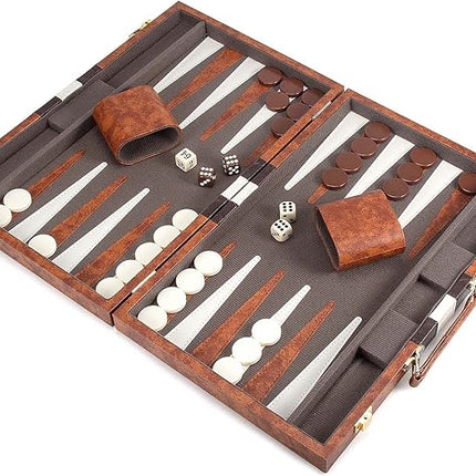 AMEROUS Backgammon Set, 15 Inches Classic Board Game with Leather Case, Folding Board, Gift Package, Portable Travel Strategy Backgammon Game Set for Adults, Kids (Medium, Brown)