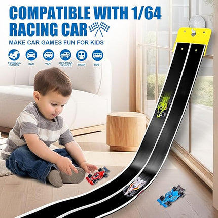 Flexible Race Track Toys for Kids, 15 Ft Double Lane Racetrack with 4 Cars & Suction Cups, Compatible with Hot Wheels & 1/64 Diecast Cars, Portable Roll Up Car Ramp Track Set for Ages 3+(White&Black)