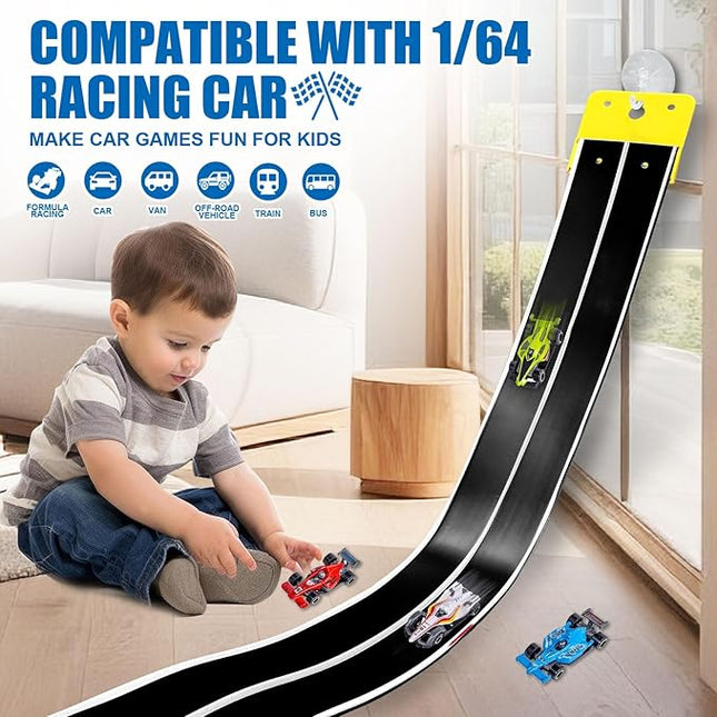 Flexible Race Track Toys for Kids, 15 Ft Double Lane Racetrack with 4 Cars & Suction Cups, Compatible with Hot Wheels & 1/64 Diecast Cars, Portable Roll Up Car Ramp Track Set for Ages 3+(White&Black)