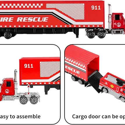 TEMI Diecast Emergency Fire Rescue Vehicle Toy Set w/Play Mat, Truck Carrier,Ambulance, Alloy Metal Fighting Car for 3 4 5 6 Years Old Toddlers Kids Boys and Girls