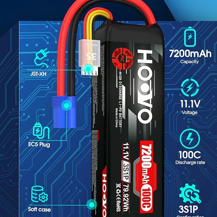 HOOVO 3S 11.1V LiPo Battery 7200mAh 100C RC Battery Softcase EC5 Plug for 1/10 & 1/8 Scale Vehicles VXL RC Cars Boats Planes Drones.