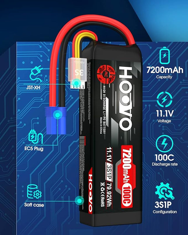 HOOVO 3S 11.1V LiPo Battery 7200mAh 100C RC Battery Softcase EC5 Plug for 1/10 & 1/8 Scale Vehicles VXL RC Cars Boats Planes Drones.