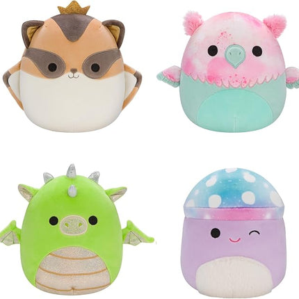 Squishmallows Original 7-Inch Fantasy Box Set – EYK Lime Green Dragon, Gala Teal and Pink Griffin, Minya Purple Galaxy Mushroom, Ziv Sugar Glider with Crown – Official Jazwares Plush (Little)