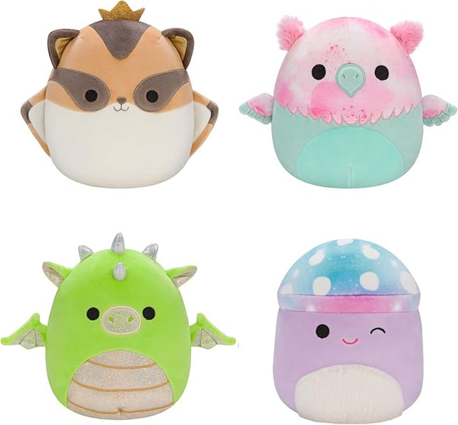 Squishmallows Original 7-Inch Fantasy Box Set – EYK Lime Green Dragon, Gala Teal and Pink Griffin, Minya Purple Galaxy Mushroom, Ziv Sugar Glider with Crown – Official Jazwares Plush (Little)