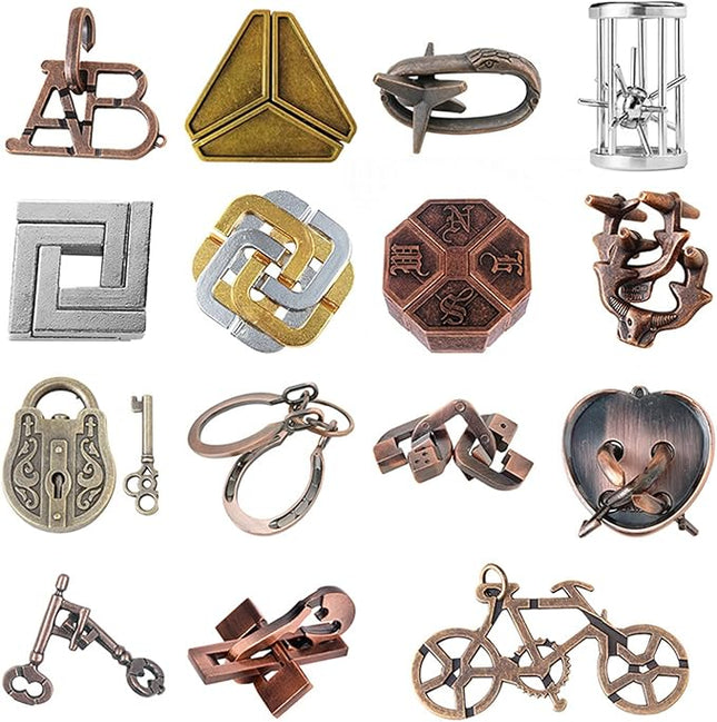 15 Pcs Brain Teaser Metal Wire Puzzles, Mind IQ Test Unlock Toy, Interlock Challenge Puzzle Game Educational Toy Gift for Boys Girls Teens Adults, #A