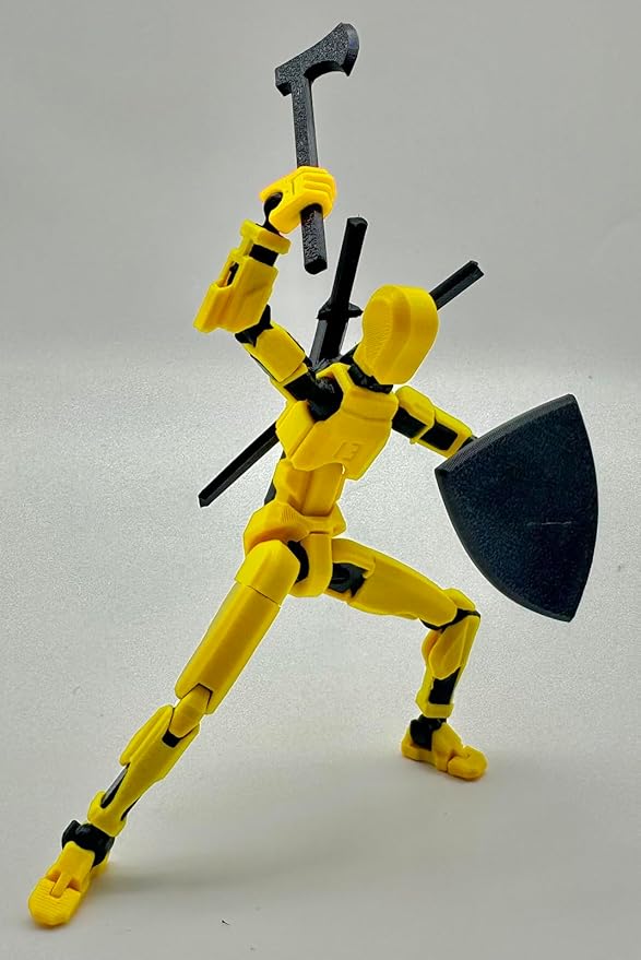 (Assembly Completed) 3D Printed Figure 5.54-inch Dummy13 with Weapon Expansion Set, Full Body Mechanical Movable Toy, Desk Decoration. (Yellow)