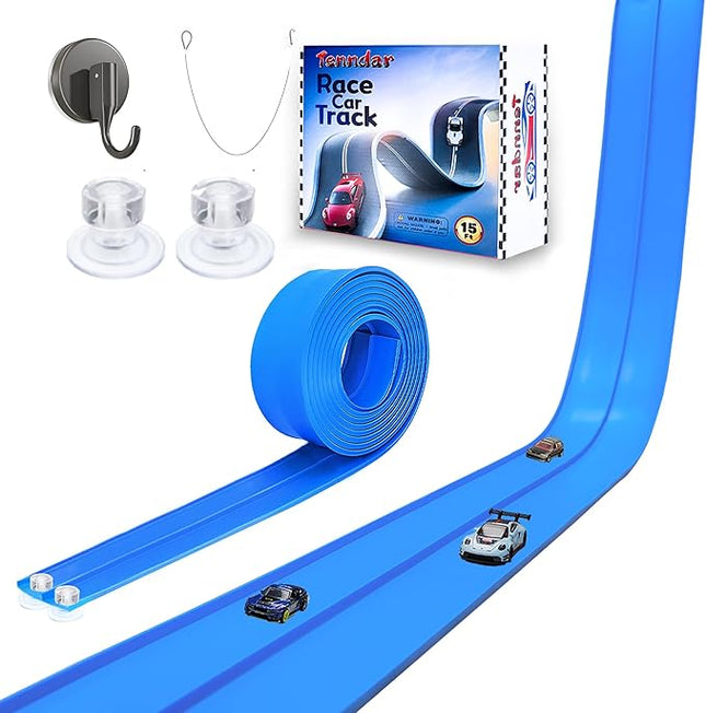 Flex Track 15 Ft Starter Set – Flexible Race Car Ramp Track for Kids, Double-Sided Racetrack for 1:64 Diecast Cars, Compatible with Hot Wheels, Ages 3 & Up with Suction Cups，Blue