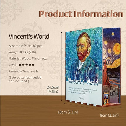 Tonecheer DIY Book Nook Kit for Adults,3D Wooden Puzzle Bookend Bookshelf Insert Library Decor, Booknook Miniature House Kit with Body Motion Sensor LED Light (Vincent's World)