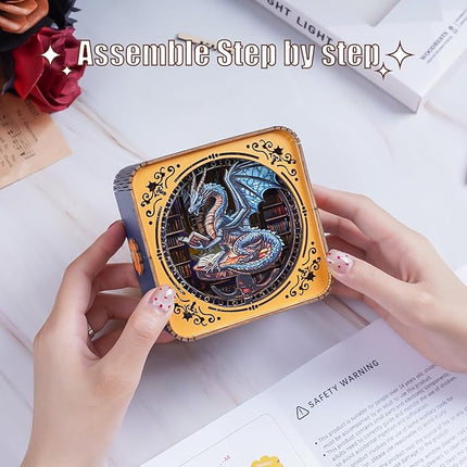 3D Puzzle Nightlight-DIY LED Light 3D Dragon Library Wooden Jigsaw Puzzle-Art Lamp and Craft Kits for Adults-Birthday Gifts Toys-Home Desk Decor Family Game