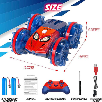 4WD Waterproof RC Car, 2.4 GHz Amphibious Remote Control Monster Truck Remote Control Boat for Kids, 360°Rotation Stunt Cars with LED Lights, All Terrain Water Beach Pool Toy for Boys Girls Gifts