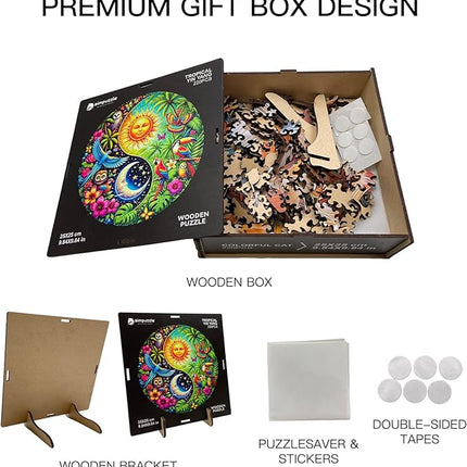 Wooden Puzzle for Adults – Tropiacl Yin-Yang Shaped Jigsaw, Unique Brain Teaser for Kid & Teen, 220 Pieces, 10"x10", Ships as Whole Puzzle Board (No Loose Pieces), Gift-Ready Box, Fun Family Game