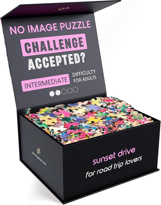No Image Puzzle 1000 Irregular Pieces Extreme Difficult Jigsaw Challenge Adults Hardest Puzzle No Guide Ultimate Brain Teaser Intermediate Level Sunset Drive Mystery Unique Gift