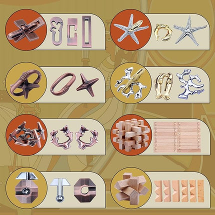 8 Pieces Wooden and Metal Brain Teaser Puzzles 3D Education Toys for Adults and Kids IQ Logic Training Family Game Party Favor Coffee Table Time Unlock Interlock Mind Puzzles Box