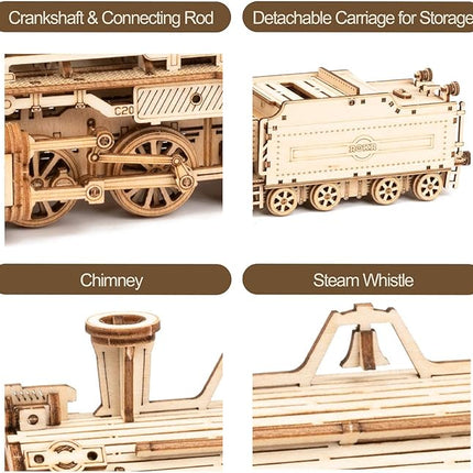 ROKR 3D Wooden Puzzle for Adults-Mechanical Train Model Kits-Brain Teaser Puzzles-Vehicle Building Kits-Unique Gift for Teens on Birthday/Christmas Day(1:80 Scale)(MC501-Prime Steam Express)