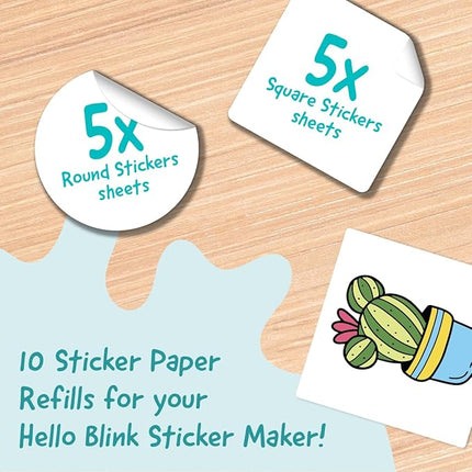 Hello Blink Sticker Maker Refill Pack – 10 Rolls: 5 Round, 5 Square – Makes 400 Custom Stickers – Compatible with Hello Blink Printer (Sold Separately) – Fun for Kids Aged 8+, DIY Craft Projects