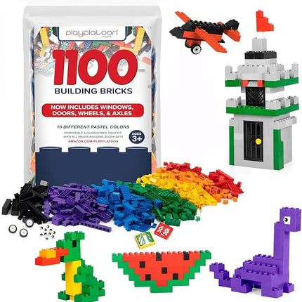 Play Platoon 1100 Pieces Building Bricks Set - 10 Classic Color Blocks - Bulk Building Blocks Compatible with Major Brands - 14 Different Shape Bricks - Includes Wheels, Tires, Axles, Windows & Door