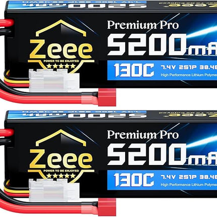 Zeee Premium Pro 2S Lipo Battery 5200mAh 7.4V 130C RC Battery Hard Case with T Plug Compatible with 1/8 1/10 RC Vehicles Car Slash RC Buggy Truggy RC Airplane Racing Models(2 Pack)