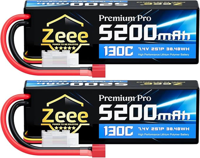 Zeee Premium Pro 2S Lipo Battery 5200mAh 7.4V 130C RC Battery Hard Case with T Plug Compatible with 1/8 1/10 RC Vehicles Car Slash RC Buggy Truggy RC Airplane Racing Models(2 Pack)