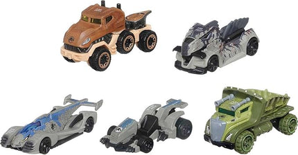 Hot Wheels Jurassic World Dominion Toy Character Cars 5-Pack in 1:64 Scale: Beta, Giganotosaurus, T-Rex, Triceratops & Velociraptor