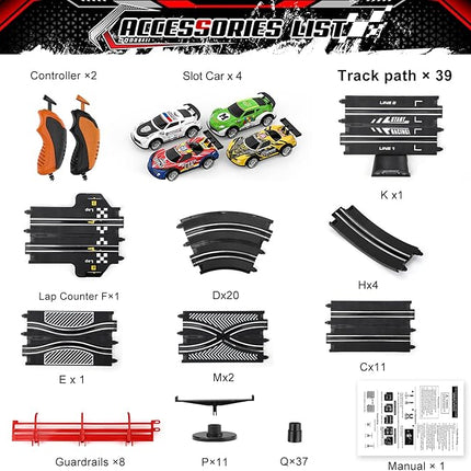 2 in 1 Slot Car Race Track Sets with 4 Slot Cars, 1:43 Electric Car Track for Boys, Dual Racing Game Lap Counter Circular Slope Track Sets, Birthday Gifts Toys for Boys Kids Ages 6 7 8 9 10 11 12
