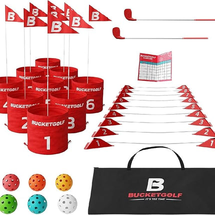 bucketgolf 9 Hole Bundle - Outdoor Golf Game for All Ages. Adults, Kids, Family. Play Anywhere. Yards, Beach, Park, Backyard. Includes 2 Right-Handed Clubs