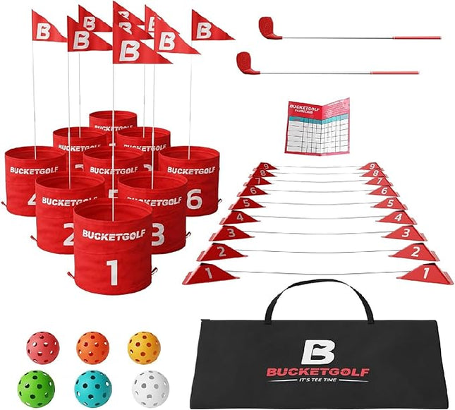 bucketgolf 9 Hole Bundle - Outdoor Golf Game for All Ages. Adults, Kids, Family. Play Anywhere. Yards, Beach, Park, Backyard. Includes 2 Right-Handed Clubs