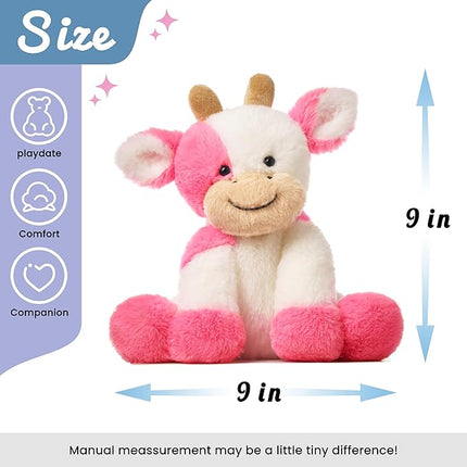 Hopearl Adorable Plush Cow Toy Floppy Dairy Cattle Soft Stuffed Animal Cute Birthday Gifts for Boys Girls Kids Toddlers, Strawberry Pink, 9''