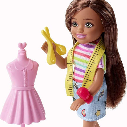 Barbie Chelsea Can Be Doll & Playset, Brunette Fashion Designer Small Doll with Removable Outfit & 8 Career Accessories