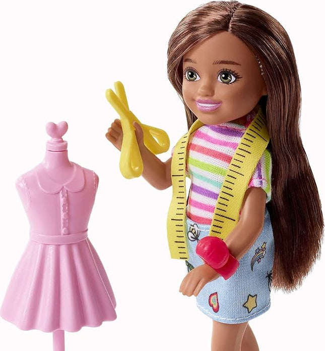 Barbie Chelsea Can Be Doll & Playset, Brunette Fashion Designer Small Doll with Removable Outfit & 8 Career Accessories