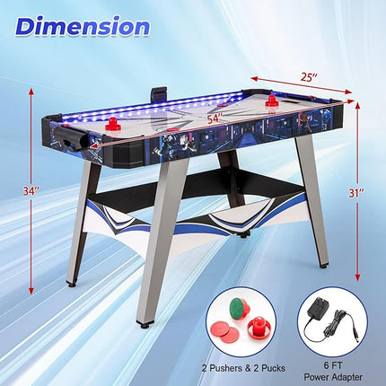 GYMAX Air Hockey Table, 54 Inch Arcade Style Air Hockey Game Table with LED Lights & Scoreboard, Powerful 12V Motor, 2 Pushers, 2 Pucks, for Kids & Adults, Home, Game Room and Office