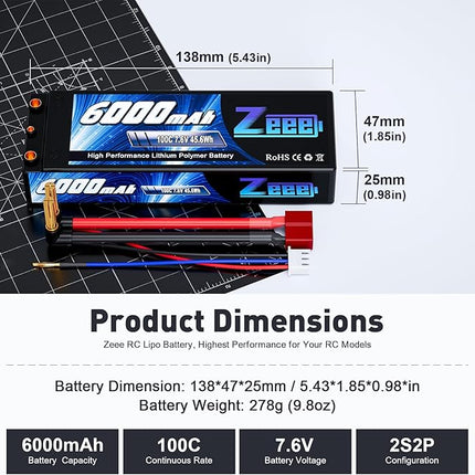 Zeee 2S High Voltage Lipo Battery 6000mAh 7.6V 100C Hard Case RC Battery with 4mm Bullet to T Connector for RC 1/8 1/10 Scale Vehicles Car RC Trucks Boats