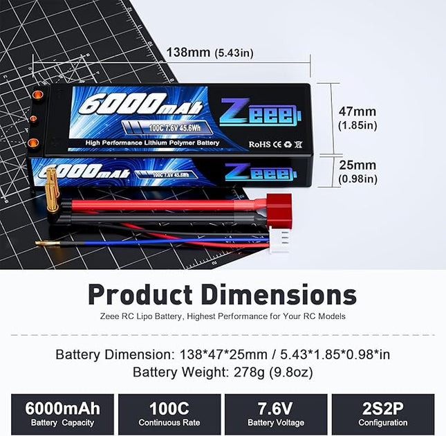 Zeee 2S High Voltage Lipo Battery 6000mAh 7.6V 100C Hard Case RC Battery with 4mm Bullet to T Connector for RC 1/8 1/10 Scale Vehicles Car RC Trucks Boats