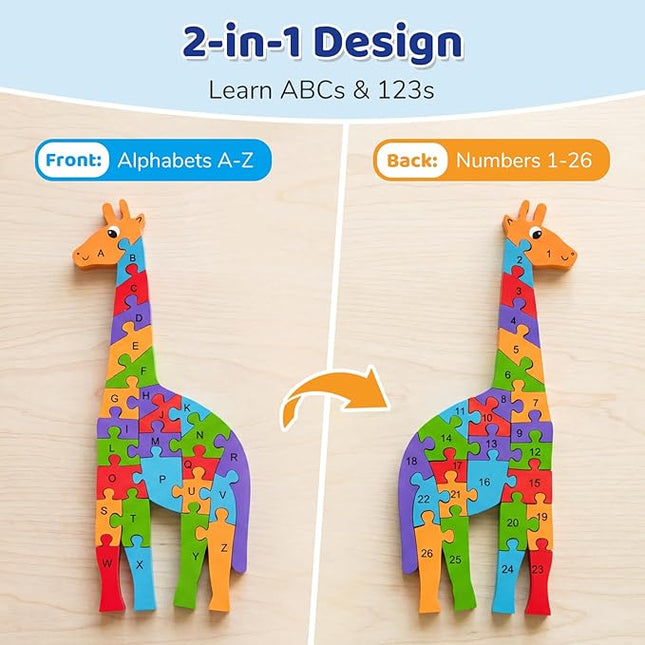 LovesTown Wooden Puzzles for Kids, Double Sided Giraffe Jigsaw with Alphabet & Numbers, Montessori Educational Toy for Toddlers, Chunky Animal Gift