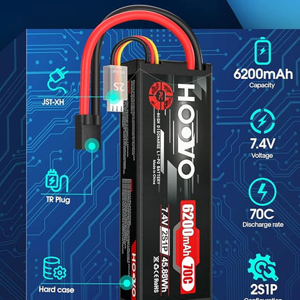 HOOVO 7.4V 70C 6200mAh 2S Lipo Battery Hard Case with Tracxas Plug for RC Car RC Helicopter RC Truck RC Truggy Airplane Quadcopter UAV Drone FPV (2 Packs