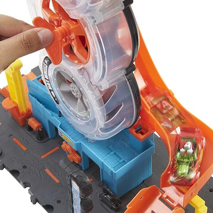 Hot Wheels City Super Twist Tire Shop Playset, Spin The Key to Make Cars Travel Through The Tires, Includes 1 Car, Gift for Kids 4 to 8 Years Old (Amazon Exclusive)