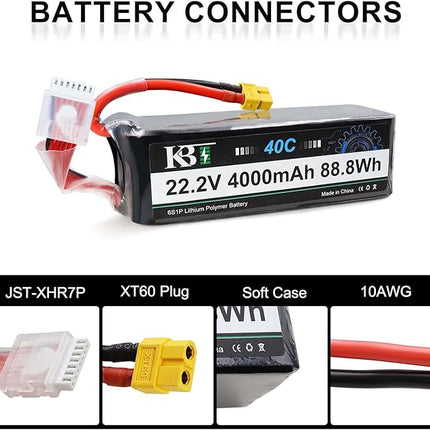 KBT 6S 22.2V LiPo High Discharge Rate Battery 40C 4000mAh Rechargeable Soft Pack Lithium Polymer Battery with XT60 Connector for RC Car Drone Boat Truck Airplane Helicopter