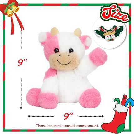 Hopearl Adorable Christmas Plush Cow Toy Floppy Dairy Cattle Soft Stuffed Animal Cute Xmas Gifts for Boys Girls Kids Toddlers, Pink, 9''